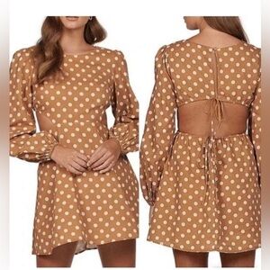 NWT Charlie Holiday Halcyon Polka Dot Dress Caramel Tan Brown White Open Back
